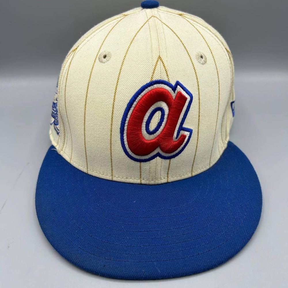 Atlanta Braves MLB Hat Men 7 1/4 Tan Blue Pinstripe 59Fifty New Era Fitted Cap